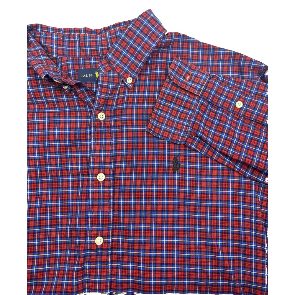 Ralph Lauren Checkered Plaid‎ Button Down Shirt Mens Large Red Blue White Preppy